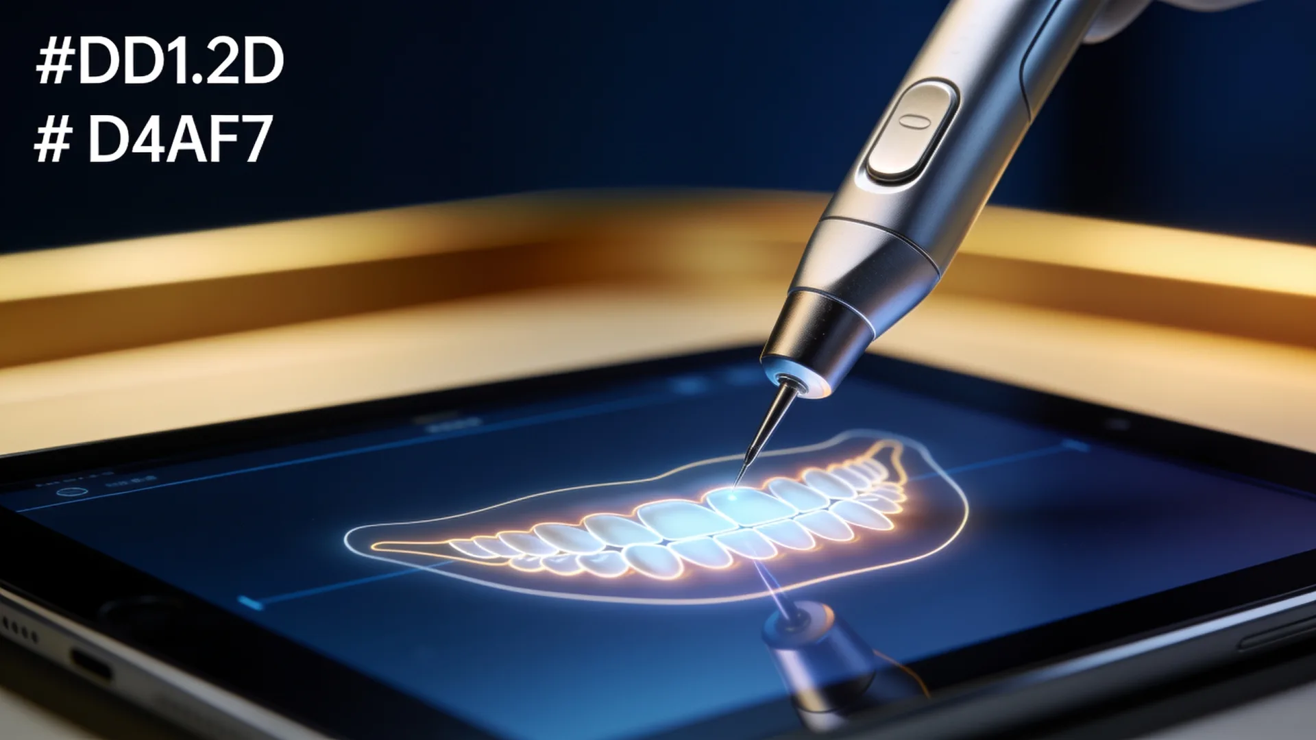 A 3D intraoral scan of a patient's teeth glowing on a tablet during digital treatment planning